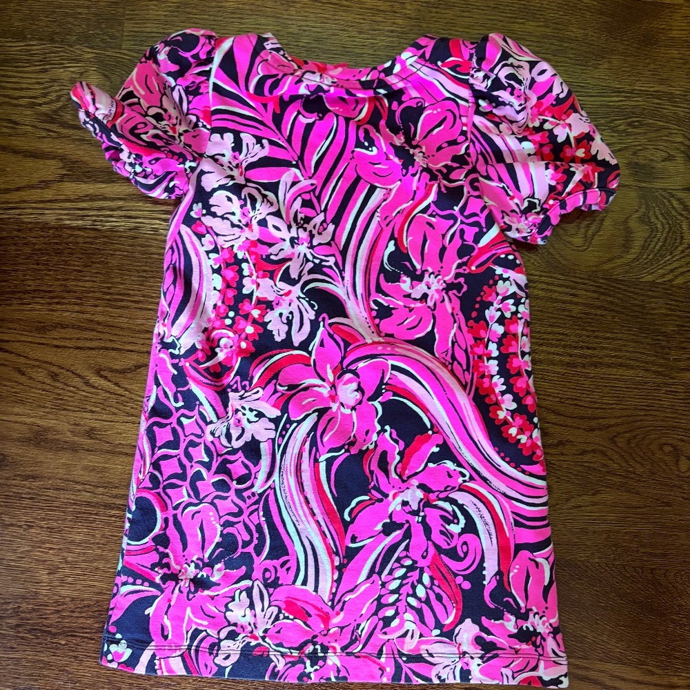 Lilly Pulitzer Girls Mini Dress Puff Sleeve Pink / Navy Size 5 (XS)